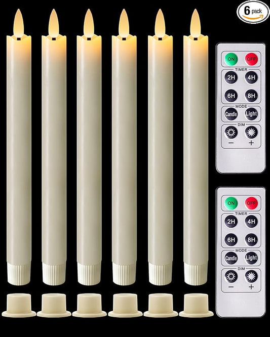 Homemory Real Waxy Flameless Taper Candles with Remote Timer, LED Candlesticks Flickering, Battery Operated Candles, 9.6 Inches for Home Christmas Wedding Celebration Decor, Ivory, Pack of 6