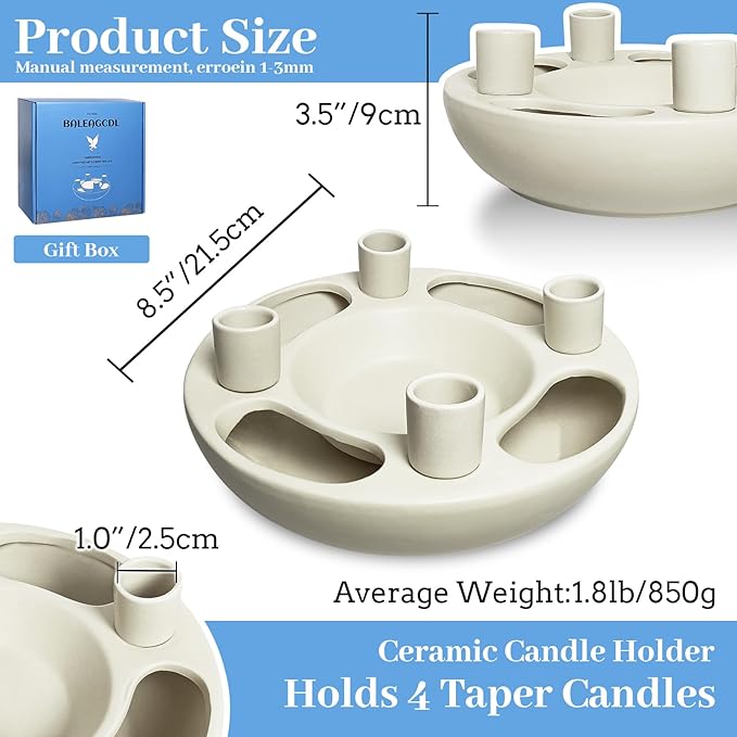 Ceramic Advent Wreath Candle Holder - 4 Taper Candlestick Seats, Ivory Modern Candle Stand for Christmas Holiday Home Party Kitchen Table Decor (Without Candles)