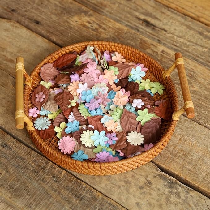 200 Pcs Handmade Mixed Mulberry Paper Flowers Petals and Leaves Scrapbooking Wedding DIY Craft Supplies Card (10 Colors Flowers/Brown Tone Leaves)