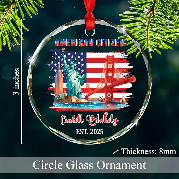 Personalized American Landmarks Xmas Ornament Gift for Citizenship Celebration, New US Citizen Glass Christmas Ornament 2025, Custom Year & Name American Citizen Xmas Ornament Gift for Family Friends