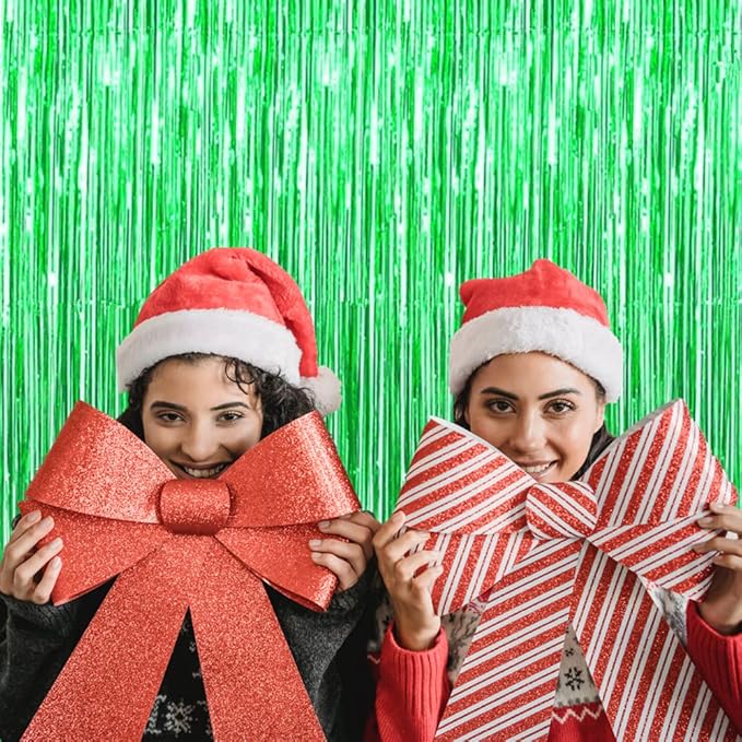 i-CHONY 2 Pcs Green Metallic Tinsel Foil Fringe Curtains,3.2ft x 8.2ft Photo Booth Backdrop for Birthday Wedding Bridal Shower Baby Shower Holiday Celebration Bachelorette Party Decorations