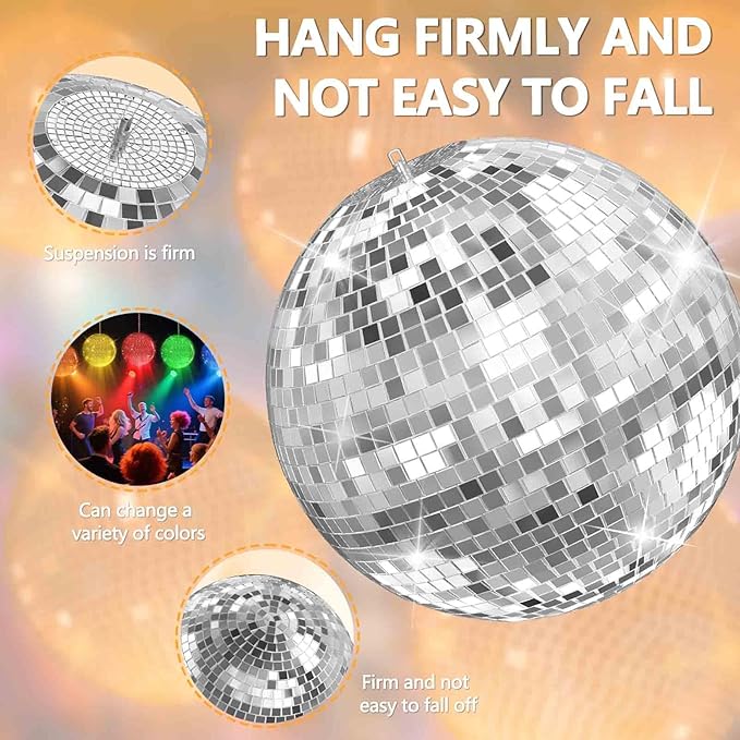 12 Inch LED Light Silver Disco Ball,Silver Glass Mirror Ball Light for Party, Christmas Decorations,USB Powered Mirror Disco Ball for Nightclub,Bar,Wedding,DJ Party Lighting(12inch)