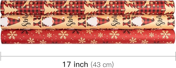 RUSPEPA Christmas Wrapping Paper Rolls - 17 inches x 10 feet per Roll, Total of 3 Rolls - Santa Claus, Reindeer and Snowflake