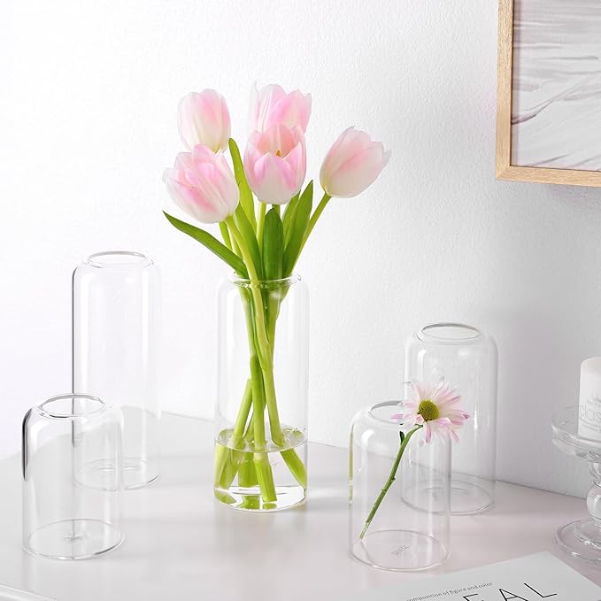 ZENS Bud Vases Set of 6, Modern Small Glasss Vase for Flower Clear Bud Vases in Bulk for Wedding Centerpiece, Blown Thicker Glass Small Vase for Flowers, Wedding Party Decorative, Home Bathroom Decor