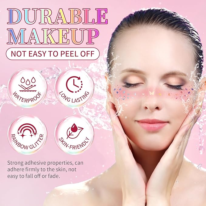 10PCS Glitter Freckles Face Tattoos, 2 in 1 Pink Blush Holographic Face Temporary Tattoos, Long Lasting Waterproof Glitter Makeup Patches for Women