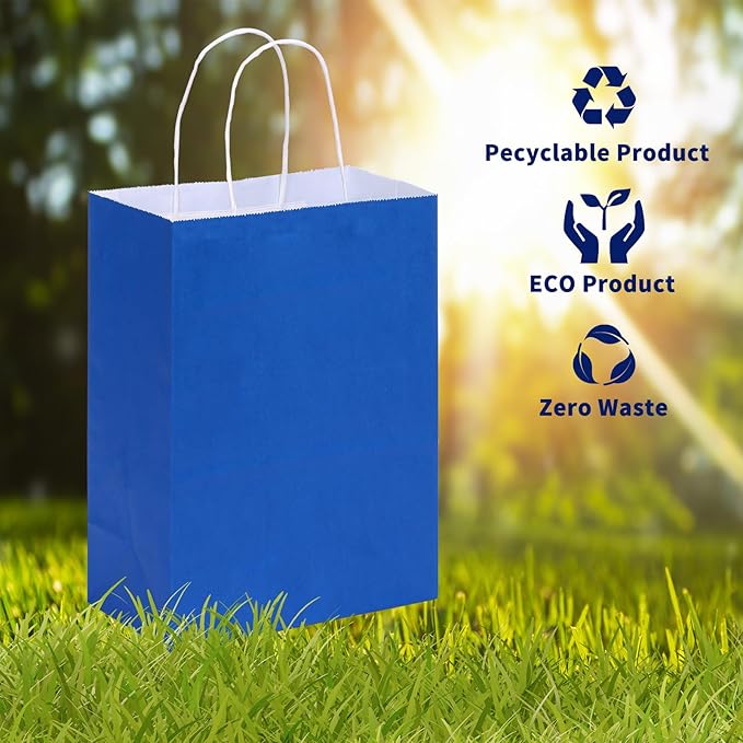 OUTUXED 35pcs Blue Gift Bags, Kraft Paper Bags with Handles, 7.1x3.6x9.3in Medium Size Blue Paper Bags for Retail, Gift Wrapping, and Shopping