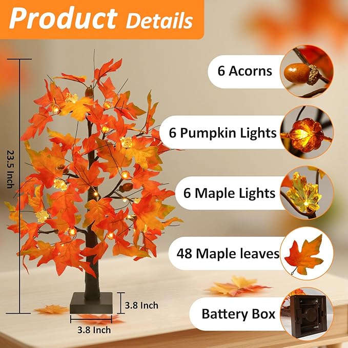Joyhalo 2 Pack 23.5 Inch Fall Trees with Lights, Timer Battery Operated Fall Light Up Tree for Thanksgiving Autumn Home Office Room Indoor Decorations, Faux Fall Lighted Maple Trees Decor