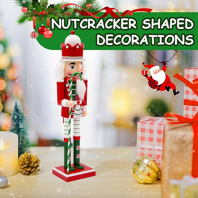 14" Wooden Candycane Nutcracker, Festive Christmas Decoration, Handcrafted Candycane Themed Nutcracker Collectible Christmas Decor for Tabletop, Shelves, and Fireplace Mantel(Candycane)