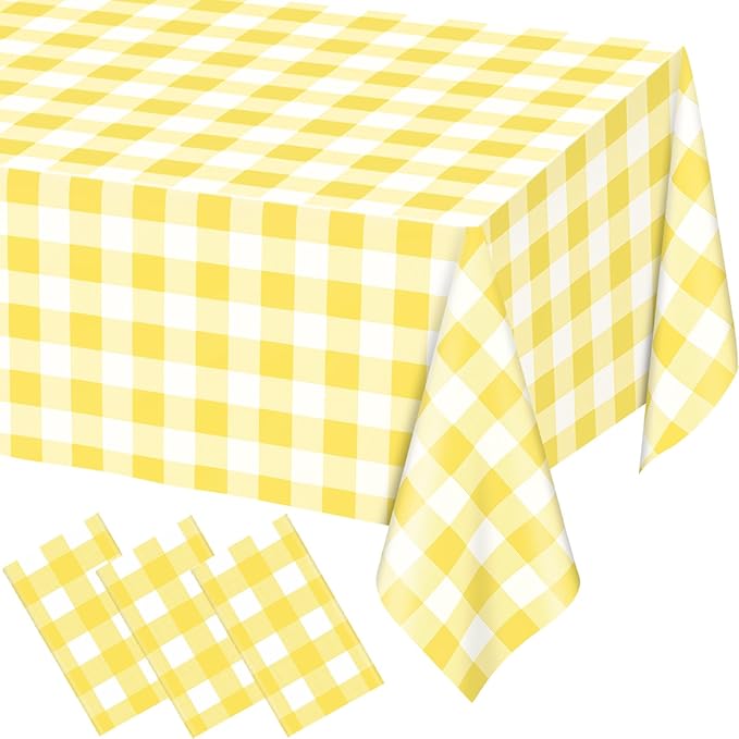 WNINK 3 Pack Light Yellow Gingham Rectangular Plastic Tablecloths, Yellow and White Checkered Disposable Table Covers 54" x 108" for Birthday, Wedding, Bridal Shower, Outdoor Picnic Camping Parties