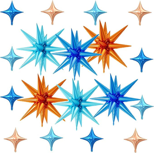 18 Pcs Blue and Orange Star Balloons, Orange and Blue Stars Foil Balloon with 6 Pcs 22-Inch Explosion Star Balloons 12Pcs 10-Inch Four Pointed Stars Balloon for Kids Birthday Party Decoration