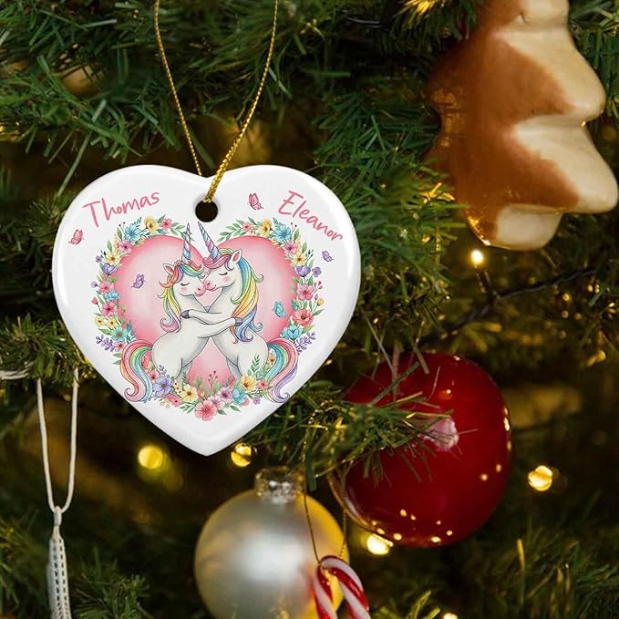 Unicorn Lovers Ornament Christmas 2025, Personalized Names Unicorn Couple Flowers Keepsake Xmas, Valentine Engaged Ornament Gifts for Men Women, Custom Couple Unicorns Together Ceramic Ornaments