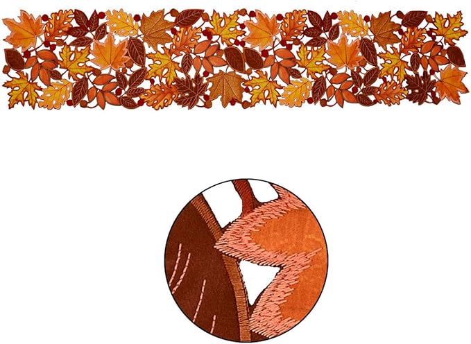 Simhomsen Embroidered Fall Leaves Table Runner for Thanksgiving, Autumn Harvest Decorations (14 × 156 inches)