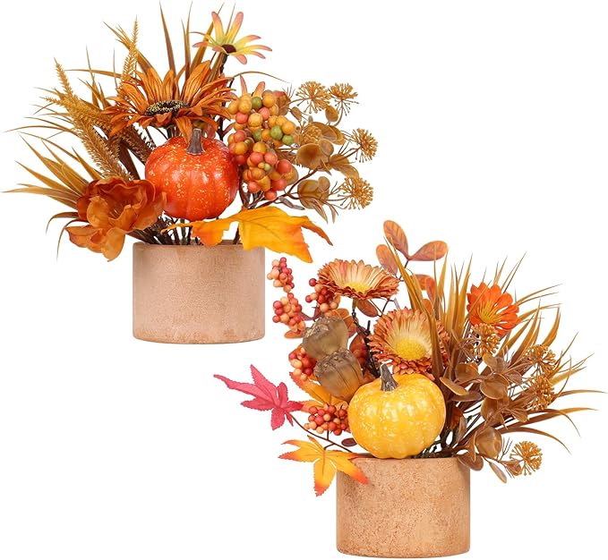 2PCS Fall Decor, Artificial Maple Leaves Pumpkin Berry Table Decorations, for Home Autumn Harvest Halloween Thanksgiving Holiday Party Table Centerpieces Fireplace Decor.
