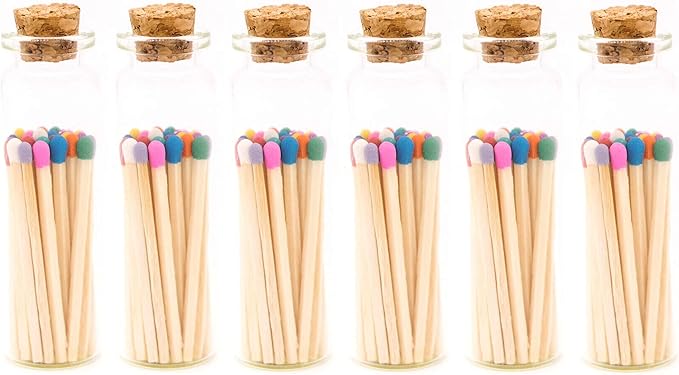 River Birch Multicolor Tip Decorative Matches | 120+ Small Premium Wooden Safety Matches | 6 Bottles of 20+ Matches Each with Striker on Bottom | Home Decor