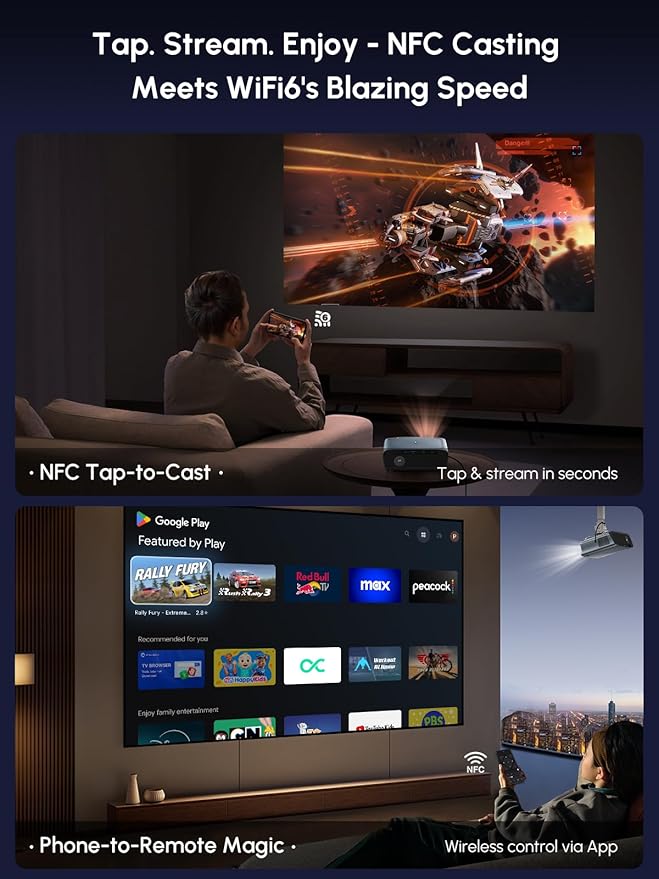 Smart 4K Projector with Certified Apps,Google TV,WIFI6&Bluetooth,2400ANSI Lumen Ultra HD Daytime Projector,ToF Auto Focus,Dolby Audio,HDR10,NFC,HDMI ARC,1.26 Throw Ratio for Home Theater Outdoor Movie