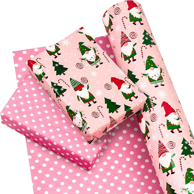 WRAPAHOLIC 30 Inch Jumbo Reversible Gnome Christmas Wrapping Paper - 30 Inch x 33 Feet - Red Green Gnome Wrapping Paper and Pink White Polka Dots for Christmas, Holiday, Party