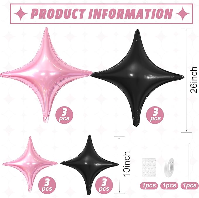Pink Black Star Balloons,12Pcs Four Angle Star Foil Balloons,26Inch and 10Inch Pink Black Quadrangle Helium Balloon for Birthday Anniversary Party Decorations