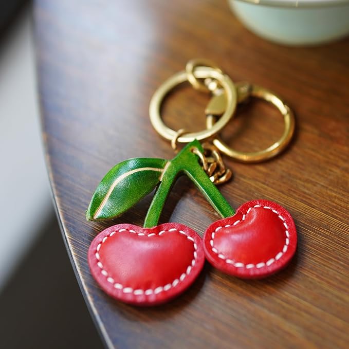 Handmade Genuine Leather Cherry Keychain - Cute Red Fruit Keyring for Women Girls, Fashion Bag Purse Charm Accessory Gift(Unisex Gift)