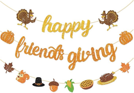 Happy Friendsgiving Banner Thanksgiving Party Decorations Glitter Friends Giving Garland Plastic Pre Strung Streamers Turkey Pumpkin Fall Leaves Sign for Home Decor Thank You Party Supplies