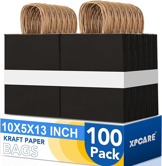 XPCARE Black Paper Bags, 100 Packs 10x5x13 Inch Gift Bags with Handles Bulk Paper Bags with Handles Retail Kraft Paper Bag Black Gift Bag for Wedding Party Shopping