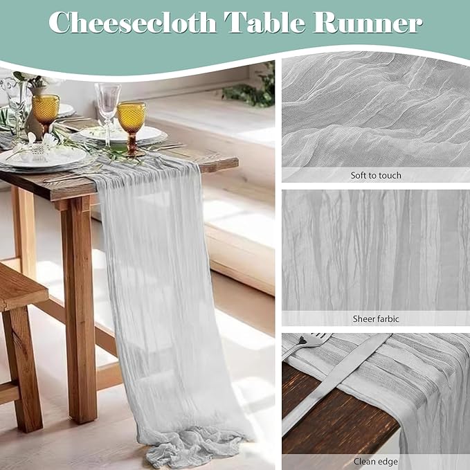 6 Pack 10 Ft Cheesecloth Table Runner White Gauze Long Table Runners Boho Gauze Cheese Cloth Table Runner Rustic Sheer Runner for Wedding Party Table Decor ( 35 x 120 Inch )