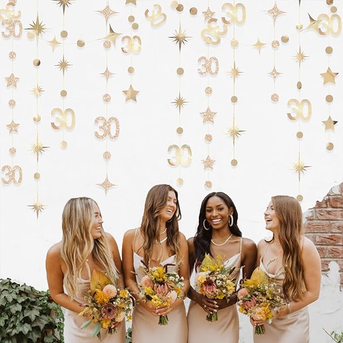 Champagne Gold 30th Birthday Decorations Number 30 Circle Dot Twinkle Star Garland Streamer Banner Backdrop for Womens Cheers to 30 Years Old Dirty Thirty Happy 30th Anniversary Party Supplies