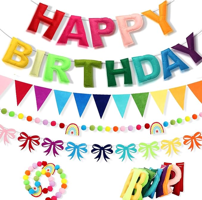 Happy Birthday Banner Set- Pre Strung Reusable Felt 3D Happy Birth Day Sign Banner, Pompom Garland, Bunting Flags and Bow Garland for Birthday Party Decorations for Women Men Boys Girls