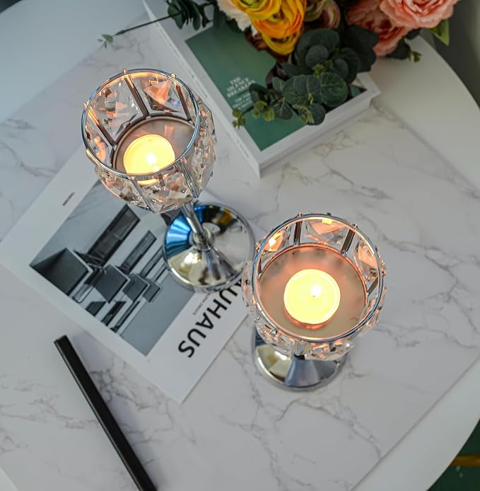 Crystal Tealight Candle Holders Set of 6 (9''/11''/13'') - Elegant Metal & Glass Centerpieces for Stunning Home Decor (Silver)