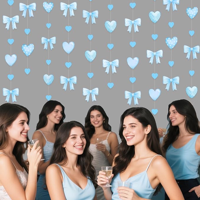Blue Bow Decorations Blue Plaid Twill Polka Dot Bow Heart Hanging Streamer Garland Banner for Baby Shower Birthday Wedding Bridal Shower Bachelorette Coquette Anniversary Party Decorations Supplies