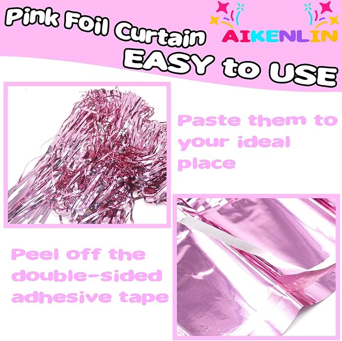 4 Pack Pink Foil Fringe Curtain Backdrop, 3.2Ft x 9.8Ft Metallic Tinsel Foil Fringe Streamers Curtains for Party, Photo Booth Props, Birthday, Wedding, Christmas Party Decoration Supplies
