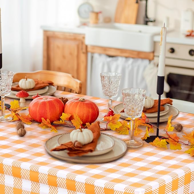 6 Pack Fall Orange Gingham Tablecloth, 54 X 108Inch Plastic Orange Checkered Table Cloth Disposable Scalloped Tablecloths Waterproof Plaid Table Cover for Autumn Harvest Picnic Wedding Birthday Party