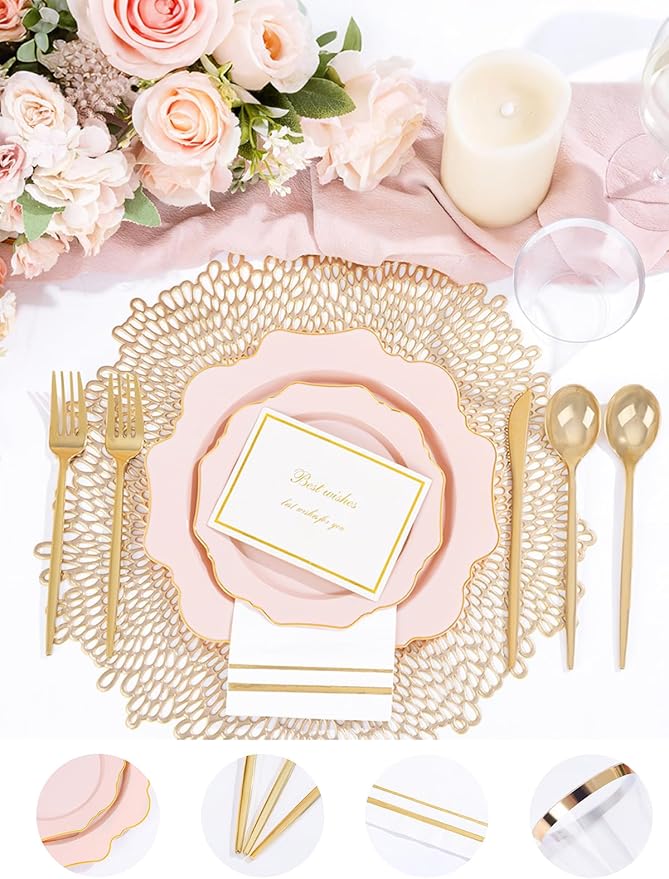 WDF 350Pcs Pink Plastic Plates - Pink and Gold Disposable Plates 50Guest Plastic Dinnerware for Baby Shower/Birthday/Wedding