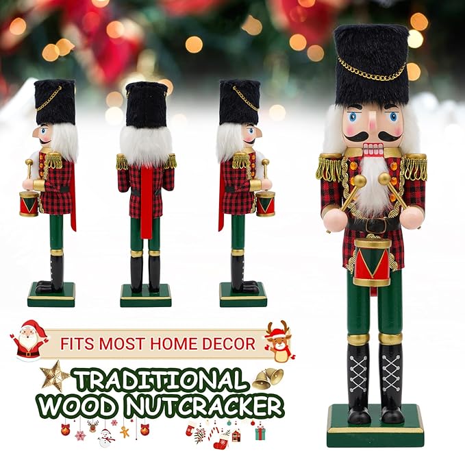 14" Wooden Drummer Nutcracker, Festive Christmas Decoration, Handcrafted Drummer Themed Nutcracker Collectible Christmas Decor for Tabletop, Shelves, and Fireplace Mantel (Drum)