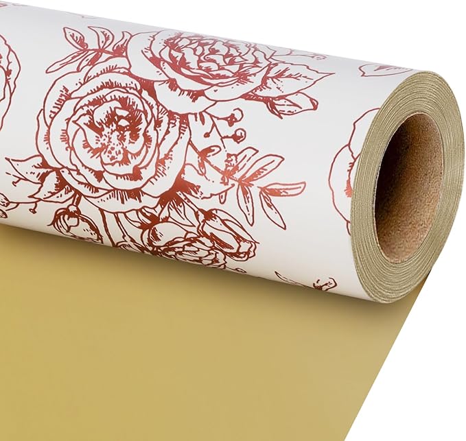 LaRibbons Reversible Floral Wrapping Paper Roll, 17Inch x 33 Feet (46.7 Sq. Ft) – Double-Sided Rose Gold Foil Design for Wedding, Mother’s Day, Bridal Shower & Birthday