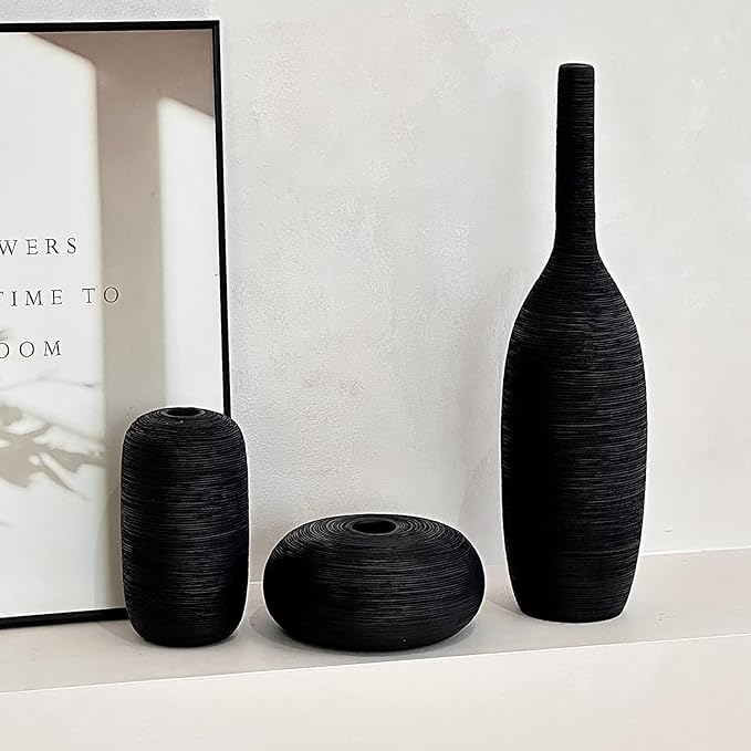 Ceramic Vase Set of 3 Flower Vases Home Decor Modern Boho Rustic Farmhouse Large Decorative Aesthetic Minimalist Matte Vases for Centerpieces Living Room Table Shelf (Black)