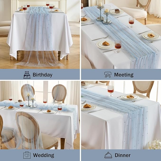Fanami 6 Pack Pearl Table Runner -10FT Dusty Blue Boho Tulle Table Runners 120 Inches Long Rustic Sheer Lace Fabric Centerpieces for Wedding Arch Birthday Party Bridal Veil Baby Shower Decorations