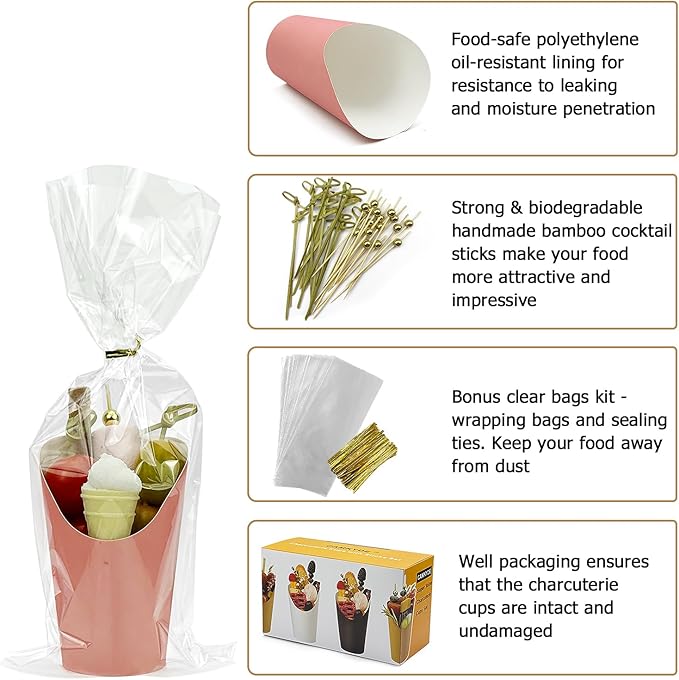 CAMKYDE 50 Sets Disposable Charcuterie Cups with Sticks and Bags, 12 oz Pink Paper Snack Appetizers Cup French Fry Holder with Cocktail Picks Toothpicks (50 Cups+50 Bags+200 Sticks)