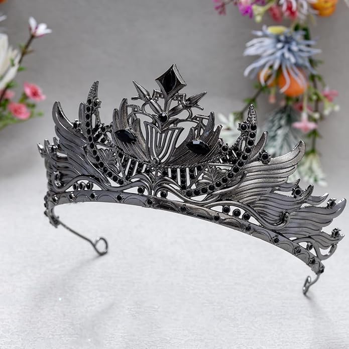 Gothic Red Crystal Flame Wing Tiara Crown for Women Girls, Halloween Cosplay Dark Queen Headpiece, Vintage Rhinestone Headband for Masquerade Party Wedding Prom Stage Accessories