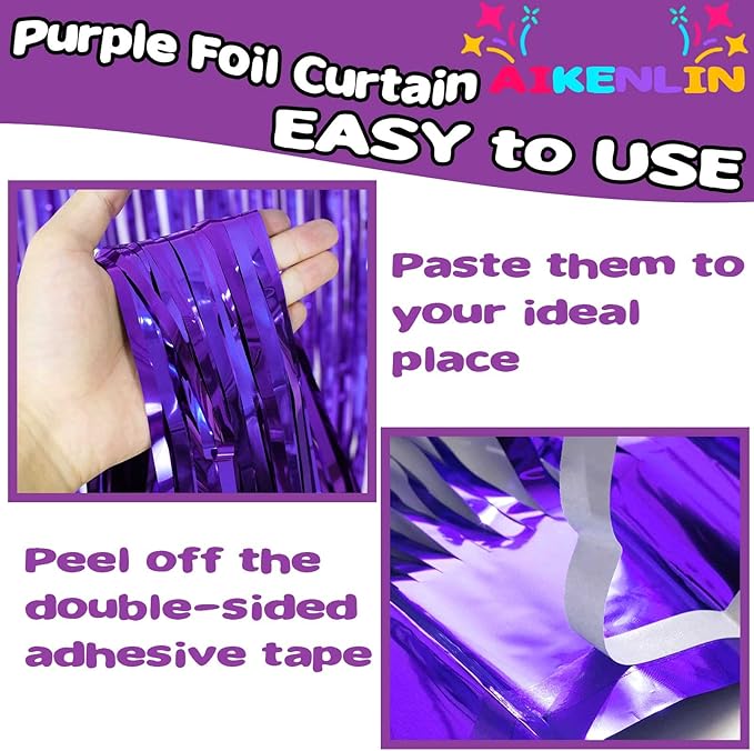 4 Pack Purple Foil Fringe Curtain Backdrop, 3.2Ft x 9.8Ft Metallic Tinsel Foil Fringe Streamers Curtains for Party, Photo Booth Props, Birthday, Wedding, Christmas Party Decoration Supplies