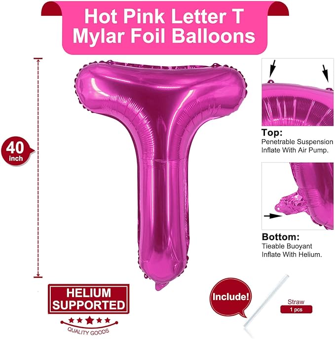 Lovoir 40 Inch Large Hot Pink Letter T Balloons Big Size Jumbo Mylar Foil Helium Balloon for Birthday Party Celebration Decorations Alphabet Hot Pink T