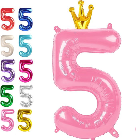 Large Pink Crown 40 Inch Birthday Number 5 Balloon, Pink Crown Five 5th 15 25 35 50 55 Birthday Anniversary Celebration Decorations, Foil Mylar Helium Numbers 5 Balloons Girl Boy Party Supplies