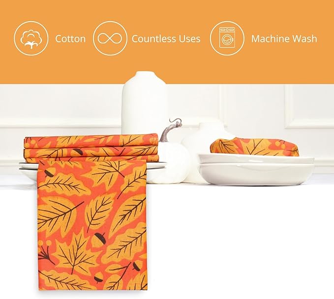 PurpleEssences Fall Napkins, Maple Leaves 18x18 Fall Cloth Napkins Set of 6, 100% Cotton Autumn Fall Harvest Thanksgiving Dinner Napkins for Farmhouse Kitchen, Maple & Hazel