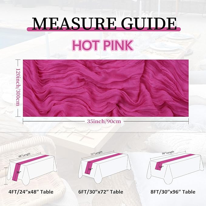 6 Pack Hot Pink Cheesecloth Table Runner 10FT Boho Gauze Fabric Table Runner 35 x 120 Inch Rustic Sheer Runner for Centerpiece Wedding Decor Baby Shower Party Table Decoration