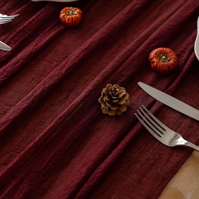 3pcs Burgundy Cheesecloth Table Runner Gauze 120 Inch 10 FT Rustic Boho Cheese Cloth Runner for Wedding Baby Shower Bridal Shower Engagement Birthday Party Long Sheer Home Decorations