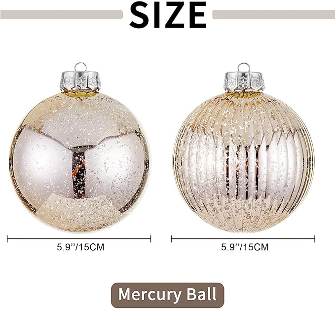 Large Christmas Ball Ornaments, Oversized Shatterproof Plastic Decorative Hanging Mercury Ornaments Ball for Xmas Holiday Party Decorations (Champagne, 6.0")
