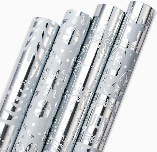 MAYPLUSS Christmas Wrapping Paper Jumbo Rolls with Gridlines - 30IN X 120IN - 4 Roll - Christmas Tree Snowflakes Candy Cane for New Year Holiday Party Kids