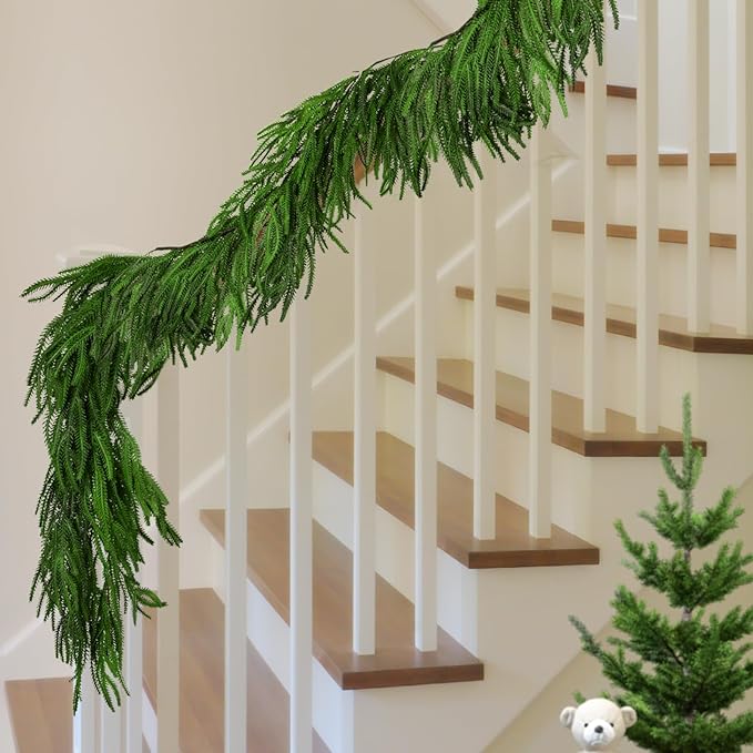 2 Pcs Christmas Norfolk Pine Garland, 6 Ft Dense Norfolk Pine Realistic Touch Garland, Artificial Pines Greenery Garlands for Christmas Holiday Mantle Fireplace Table Home Decor