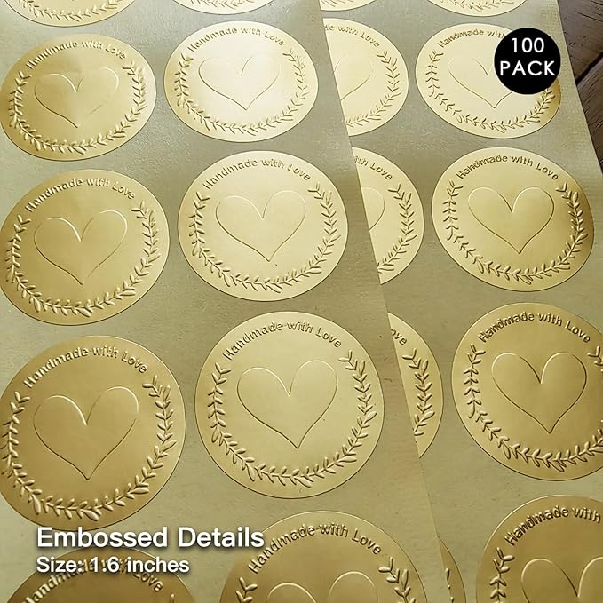 100 x Handmade with Love Stickers – Embossed Gold Foil Labels – Small Business Packaging Stickers for Gift Bags, Boxes & Happy Mail – Thank You Support Tags, 1.6 Inch