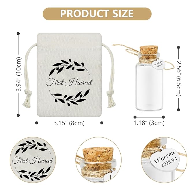 Baby First Haircut/Curl Keepsake Glass Bottle with Cork, Jar for Fetal Hair Storage and Memorial, Gift for Newborn Christening Baby Shower, Comes with Gift Bag (Customized)