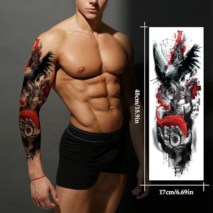 VERKSTAD 12 Sheets Large Full Arm Temporary Tattoos for Adults, Waterproof Realistic Flower Myth Angel Skull Fake Tattoos, Eagle Dragon Horse Tattoo Kits Hand Body Art for Parties Festivals Cosplay
